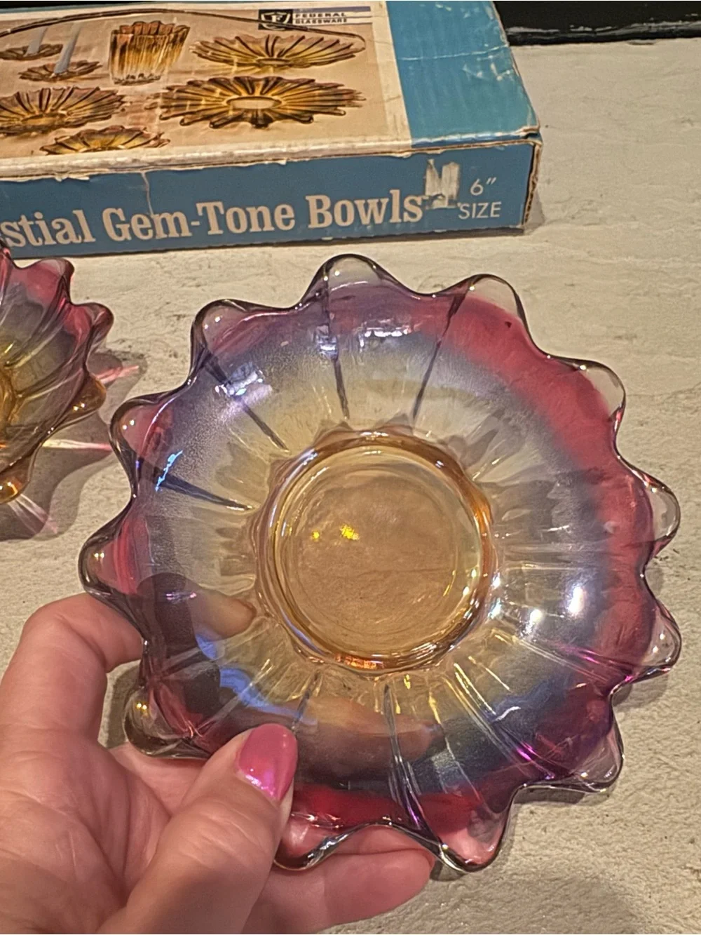 Federal Glass Celestial Gem-Tone Bowls S-498, 6“, original box